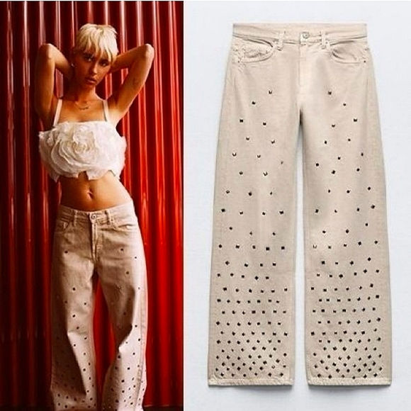 Zara Denim - ZARA BEIGE STUDDED MID-RISE FULL LENGTH JEANS.              ✨️SIZE 4(36) & 8(40)